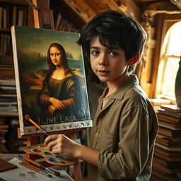 A young orphan boy with a slight, curious expression is painting a beautiful rendition of the Mona Lisa on a canvas