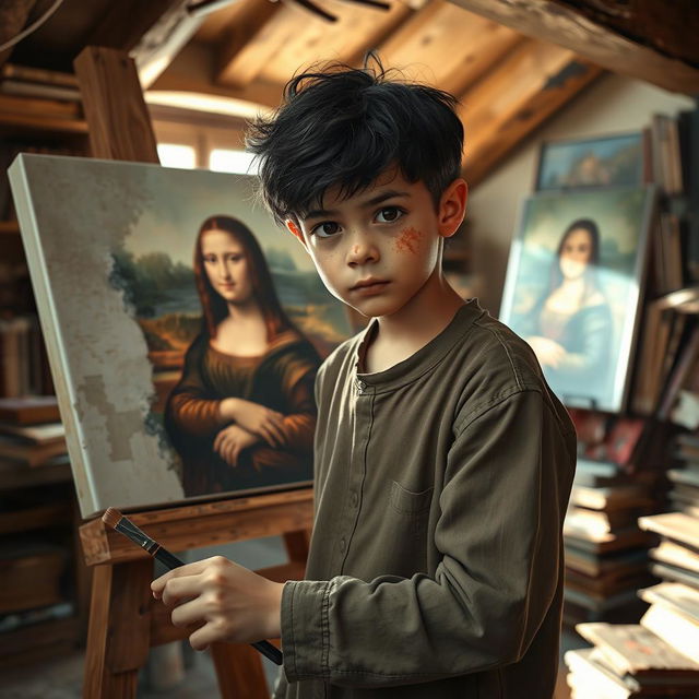 A young orphan boy with a slight, curious expression is painting a beautiful rendition of the Mona Lisa on a canvas