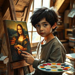 A young orphan boy with a slight, curious expression is painting a beautiful rendition of the Mona Lisa on a canvas