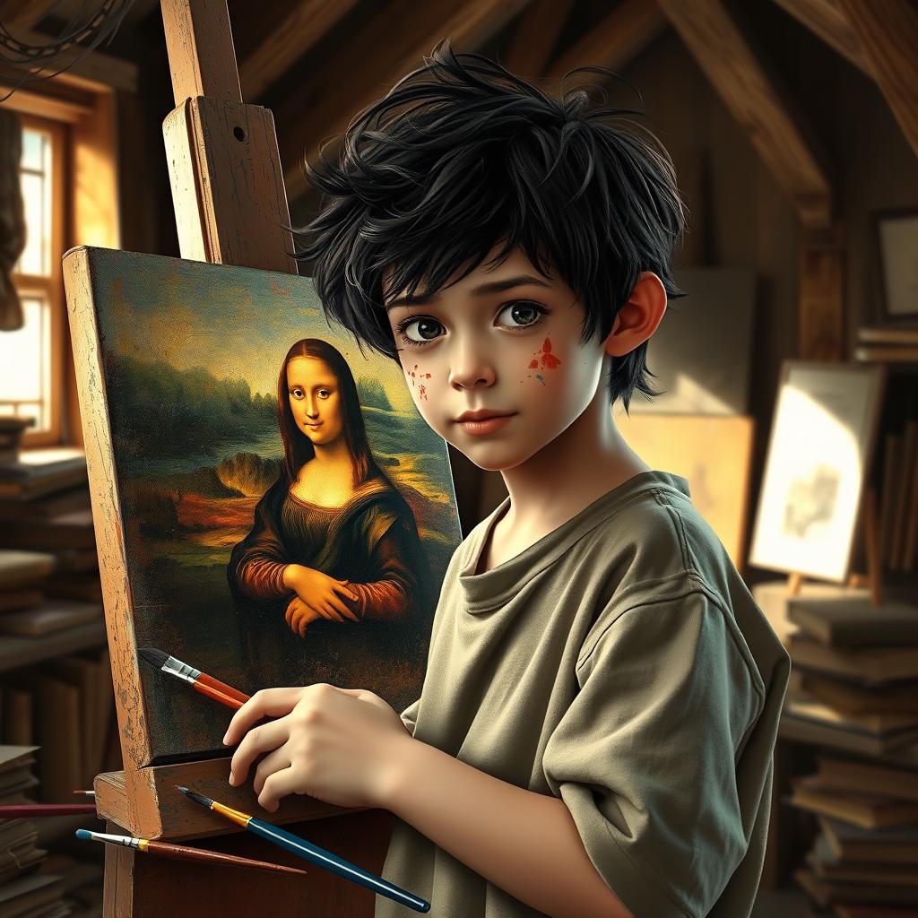 A young orphan boy with a slight, curious expression is painting a beautiful rendition of the Mona Lisa on a canvas