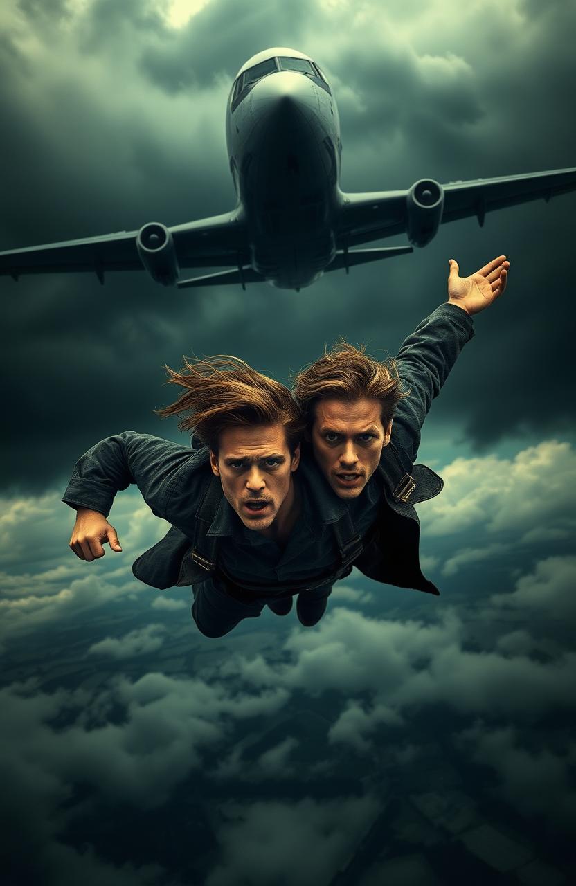 A striking and eerie scene depicting two handsome men falling from a mysterious airplane, set against a dark, stormy sky