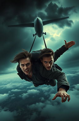 A striking and eerie scene depicting two handsome men falling from a mysterious airplane, set against a dark, stormy sky