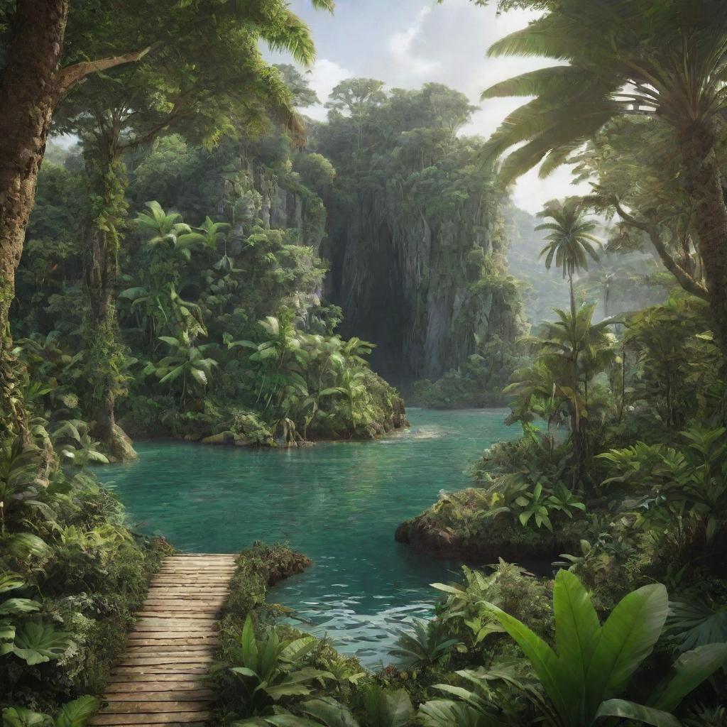 Recreate Isla Sorna, a lush, mysterious jungle island teeming with diverse prehistoric life and verdant greens