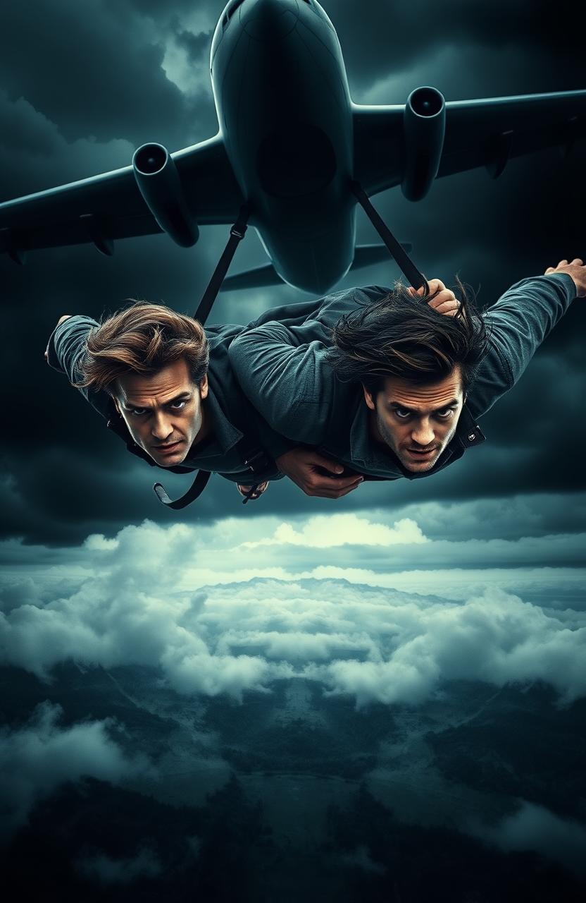 A striking and eerie scene depicting two handsome men falling from a mysterious airplane, set against a dark, stormy sky