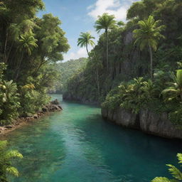 Recreate Isla Sorna, a lush, mysterious jungle island teeming with diverse prehistoric life and verdant greens