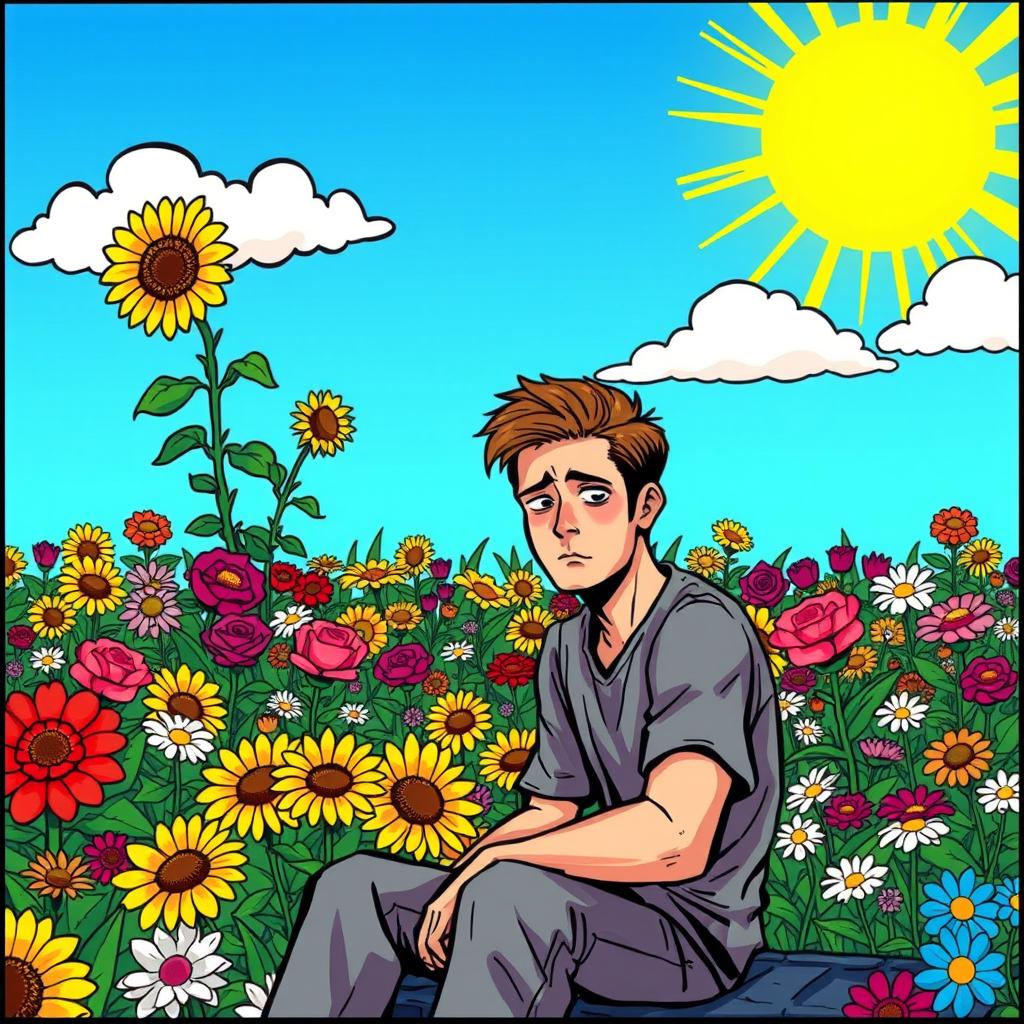 A comic-style illustration featuring a sad man sitting in the foreground of a vibrant flower garden