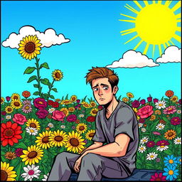 A comic-style illustration featuring a sad man sitting in the foreground of a vibrant flower garden