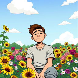 A comic-style illustration featuring a sad man sitting in the foreground of a vibrant flower garden