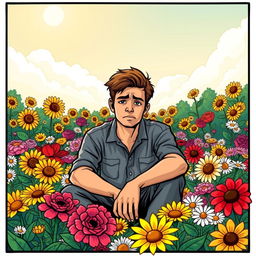 A comic-style illustration featuring a sad man sitting in the foreground of a vibrant flower garden