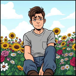 A comic-style illustration featuring a sad man sitting in the foreground of a vibrant flower garden