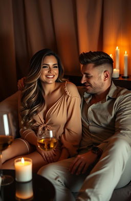 A beautiful woman and a handsome man sitting together in a cozy, dimly lit room, sharing a playful moment after a spontaneous one-night stand