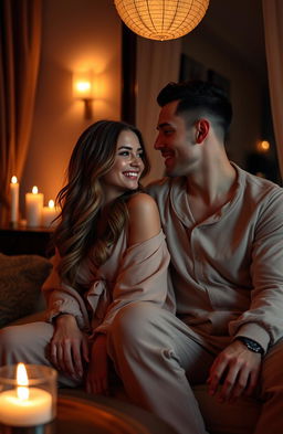 A beautiful woman and a handsome man sitting together in a cozy, dimly lit room, sharing a playful moment after a spontaneous one-night stand