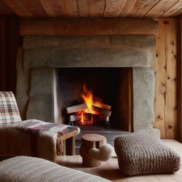 A cozy small seat positioned towards a warm, crackling fireplace in a rustic home interior