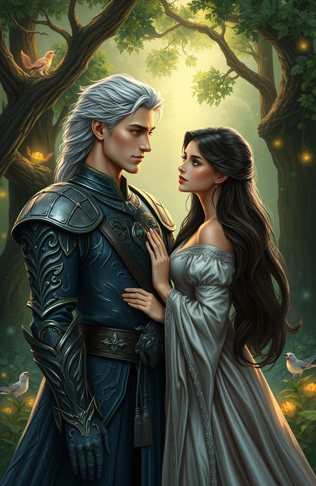 In a fantastical kingdom, a dashing handsome prince from the realm of wolves stands in a lush enchanted forest