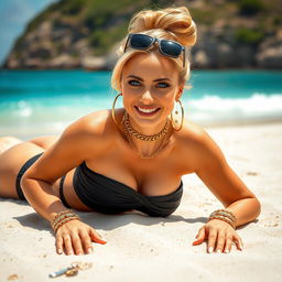 A seductive 20-year-old Russian woman lies on her stomach on a picturesque beach, captured in a professional quality photo with a 21:9 aspect ratio