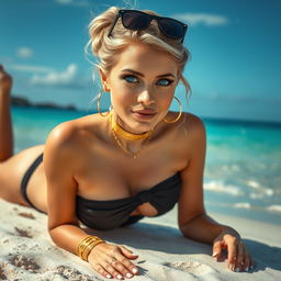 A seductive 20-year-old Russian woman lies on her stomach on a picturesque beach, captured in a professional quality photo with a 21:9 aspect ratio