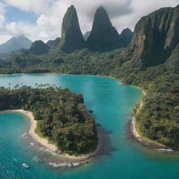 An island representing Isla Nublar, with lush rainforests, tall mountains, beautiful beaches, and a central lagoon, home to Jurassic Park's dinosaur exhibits