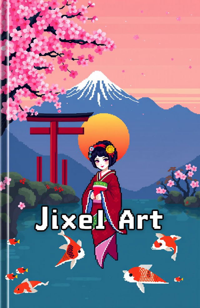 A beautifully designed cover for a pixel art book themed around traditional Japanese culture