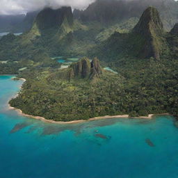 An island representing Isla Nublar, with lush rainforests, tall mountains, beautiful beaches, and a central lagoon, home to Jurassic Park's dinosaur exhibits