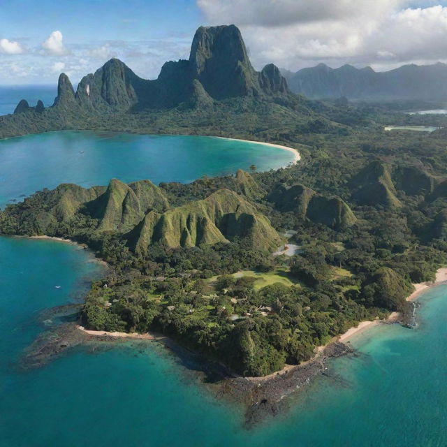 An island representing Isla Nublar, with lush rainforests, tall mountains, beautiful beaches, and a central lagoon, home to Jurassic Park's dinosaur exhibits