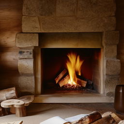 A cozy small seat positioned towards a warm, crackling fireplace in a rustic home interior