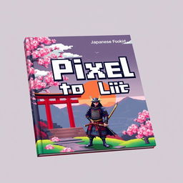 A captivating cover design for a pixel art book titled 'Pixel to Life' with a Japanese theme