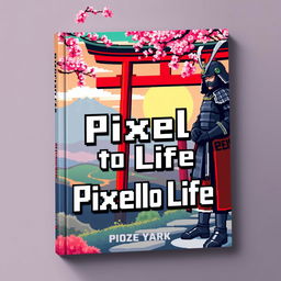 A captivating cover design for a pixel art book titled 'Pixel to Life' with a Japanese theme