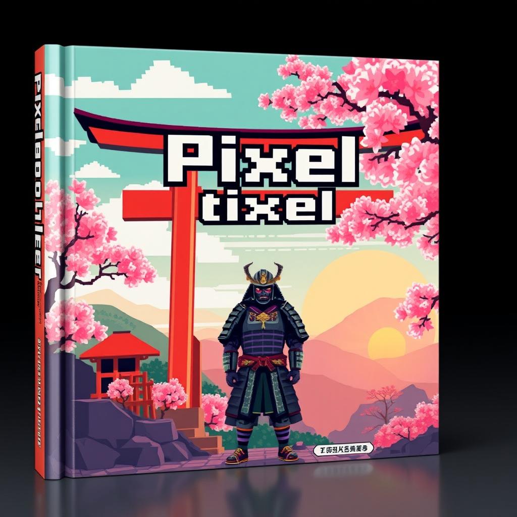 A captivating cover design for a pixel art book titled 'Pixel to Life' with a Japanese theme