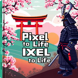 A captivating cover design for a pixel art book titled 'Pixel to Life' with a Japanese theme