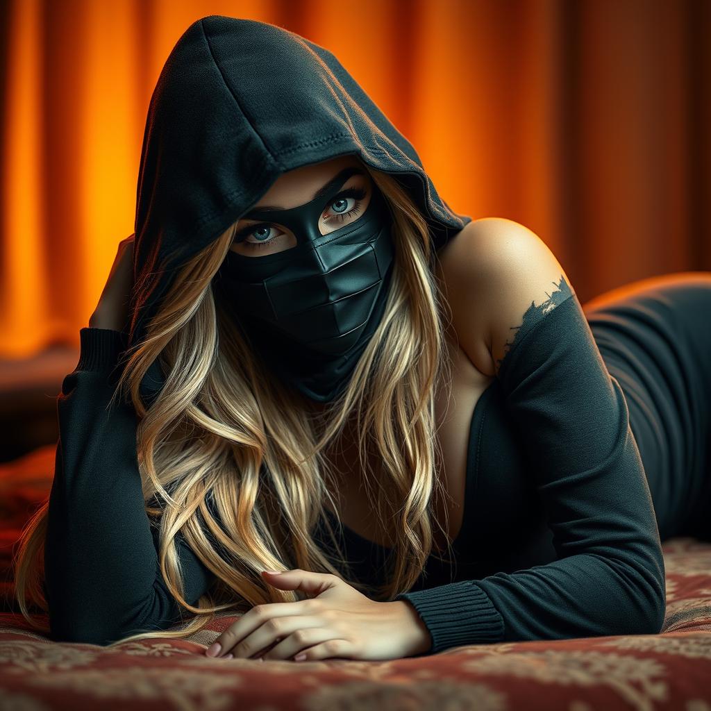 A realistic, wide image of a sexy blonde girl lying down in stylish clothing, her face obscured by a stylish mask and hood