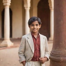 A high-definition image of a handsome young boy during colonial India time, with traditional attire, living amidst antique colonial architecture, and interacting with the vibrant culture and lifestyle of the period.