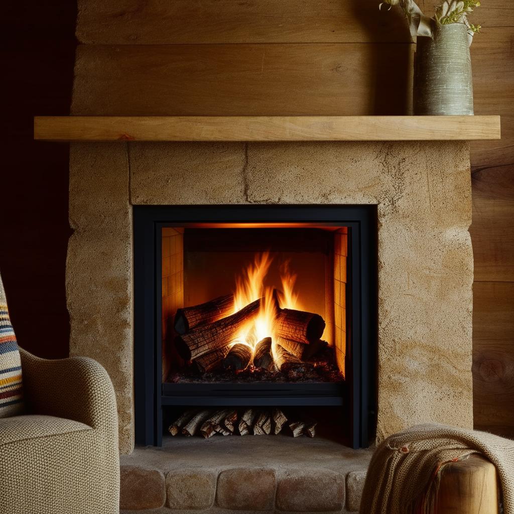 A cozy small seat positioned towards a warm, crackling fireplace in a rustic home interior