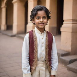 A high-definition image of a handsome young boy during colonial India time, with traditional attire, living amidst antique colonial architecture, and interacting with the vibrant culture and lifestyle of the period.