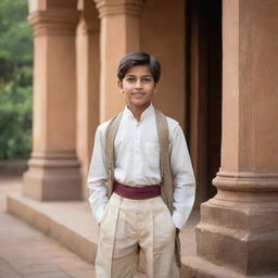 A high-definition image of a handsome young boy during colonial India time, with traditional attire, living amidst antique colonial architecture, and interacting with the vibrant culture and lifestyle of the period.