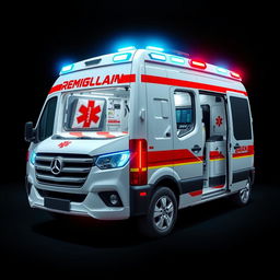 An advanced ambulance vehicle designed as a high-performance van, equipped to provide emergency assistance