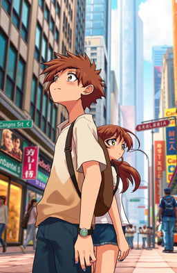 A boy and a girl, both with brown hair, standing back to back in the bustling street of a big city