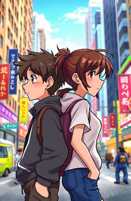 A boy and a girl, both with brown hair, standing back to back in the bustling street of a big city