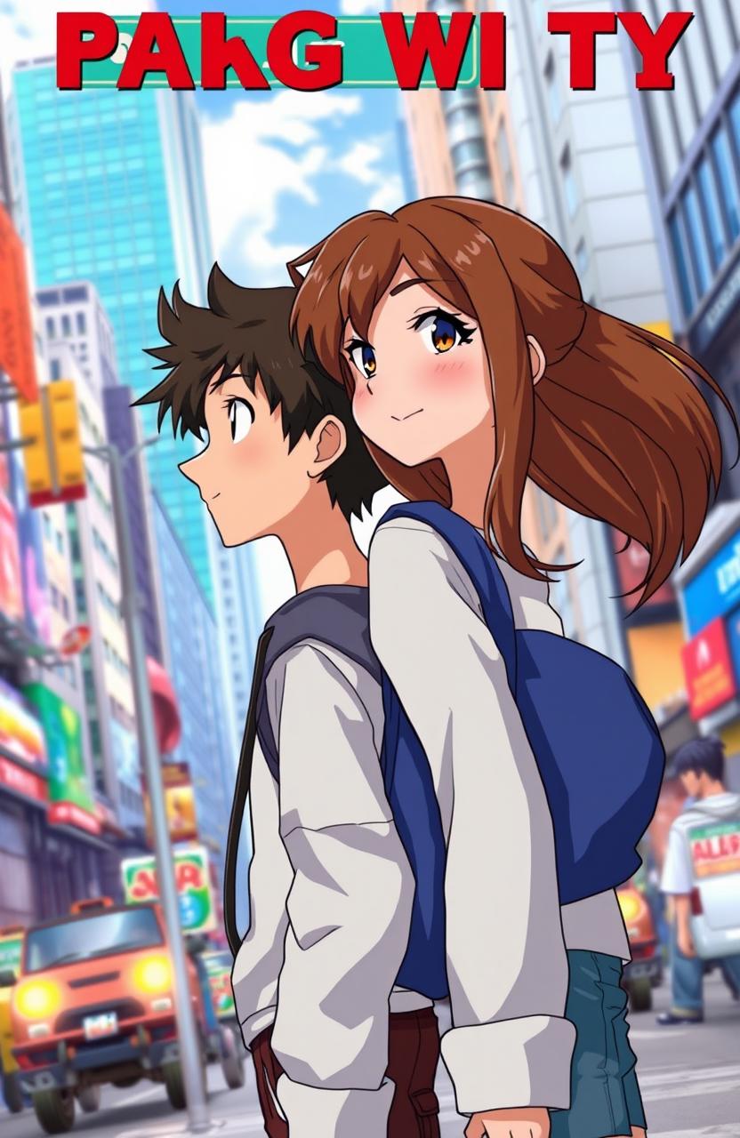 A boy and a girl, both with brown hair, standing back to back in the bustling street of a big city