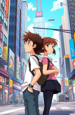 A boy and a girl, both with brown hair, standing back to back in the bustling street of a big city