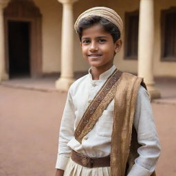 A high-definition image of a handsome young boy during colonial India time, with traditional attire, living amidst antique colonial architecture, and interacting with the vibrant culture and lifestyle of the period.