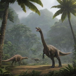 The island of Isla Nublar adorned with various species of dinosaurs, including gentle Brachiosaurus grazing in lush forests and nimble Velociraptors lurking in the dense undergrowth