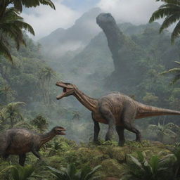 The island of Isla Nublar adorned with various species of dinosaurs, including gentle Brachiosaurus grazing in lush forests and nimble Velociraptors lurking in the dense undergrowth