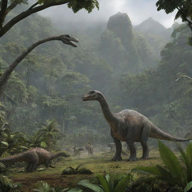 The island of Isla Nublar adorned with various species of dinosaurs, including gentle Brachiosaurus grazing in lush forests and nimble Velociraptors lurking in the dense undergrowth