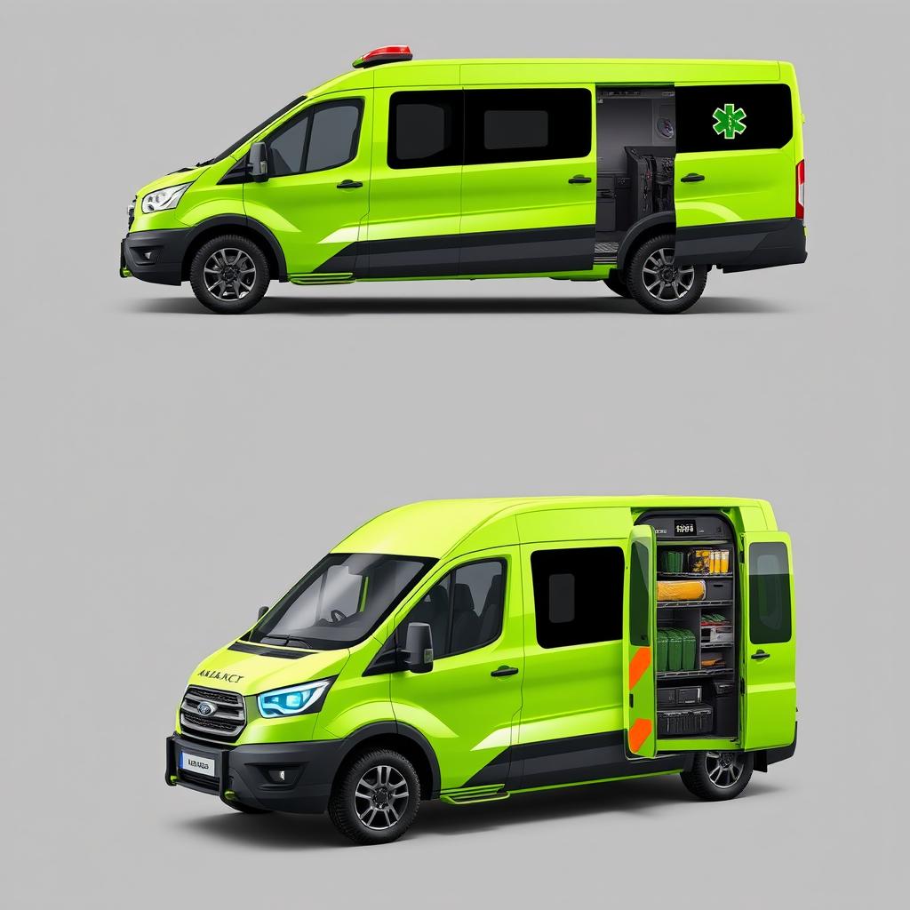 An advanced ambulance vehicle designed as a high-performance van, featuring a vibrant lime green color