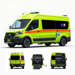 An advanced ambulance vehicle designed as a high-performance van, featuring a vibrant lime green color