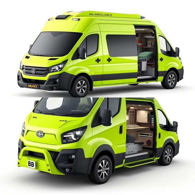 An advanced ambulance vehicle designed as a high-performance van, featuring a vibrant lime green color