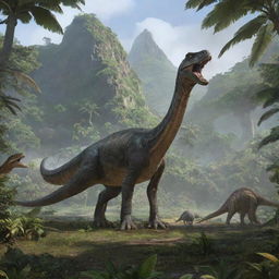 The island of Isla Nublar adorned with various species of dinosaurs, including gentle Brachiosaurus grazing in lush forests and nimble Velociraptors lurking in the dense undergrowth