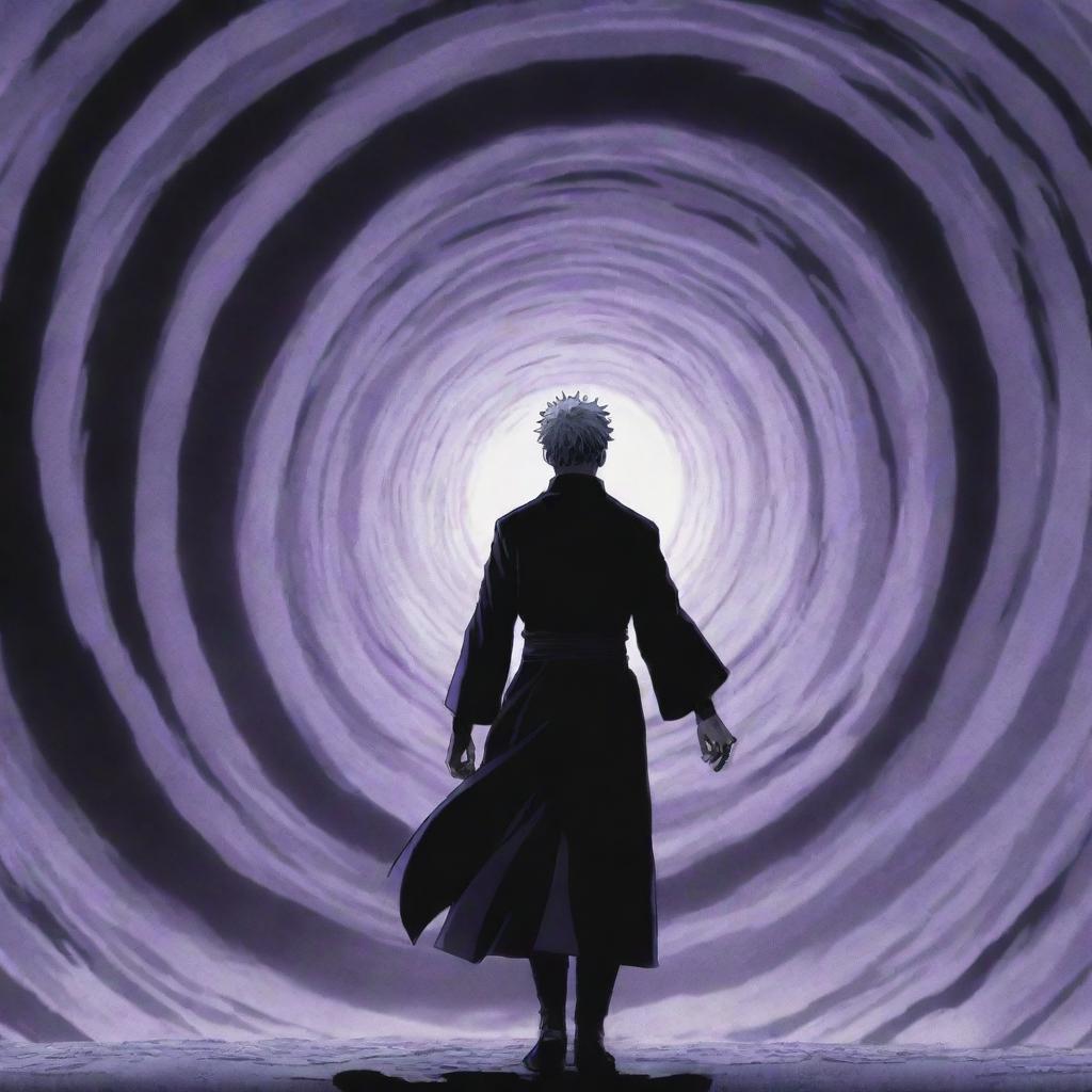 Infinity Void as depicted in Jujutsu Kaisen, with swirling black and purple hues, emanating a sense of infinite depth and mystery.
