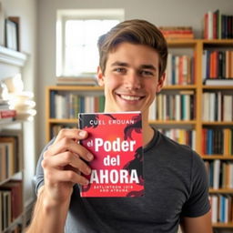 A young man holding a book titled 'El Poder del Ahora' up to the front camera, smiling confidently