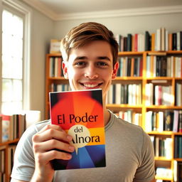 A young man holding a book titled 'El Poder del Ahora' up to the front camera, smiling confidently